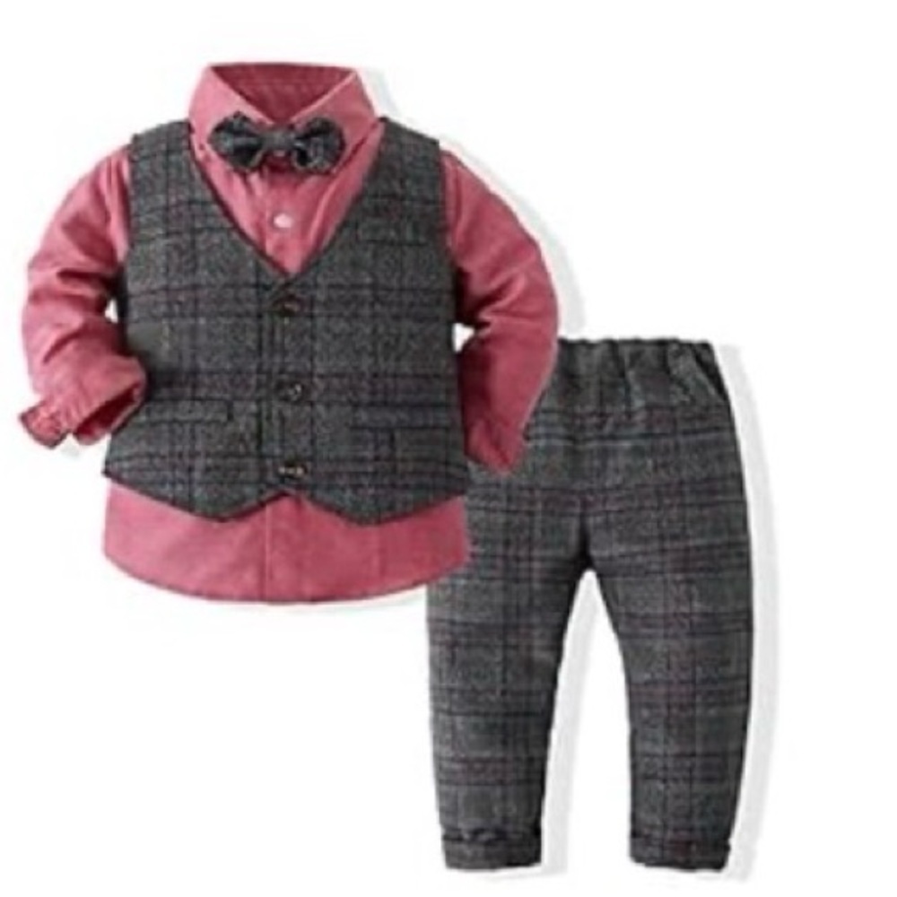 Pink Shirt and Gray Plaid Vest Set